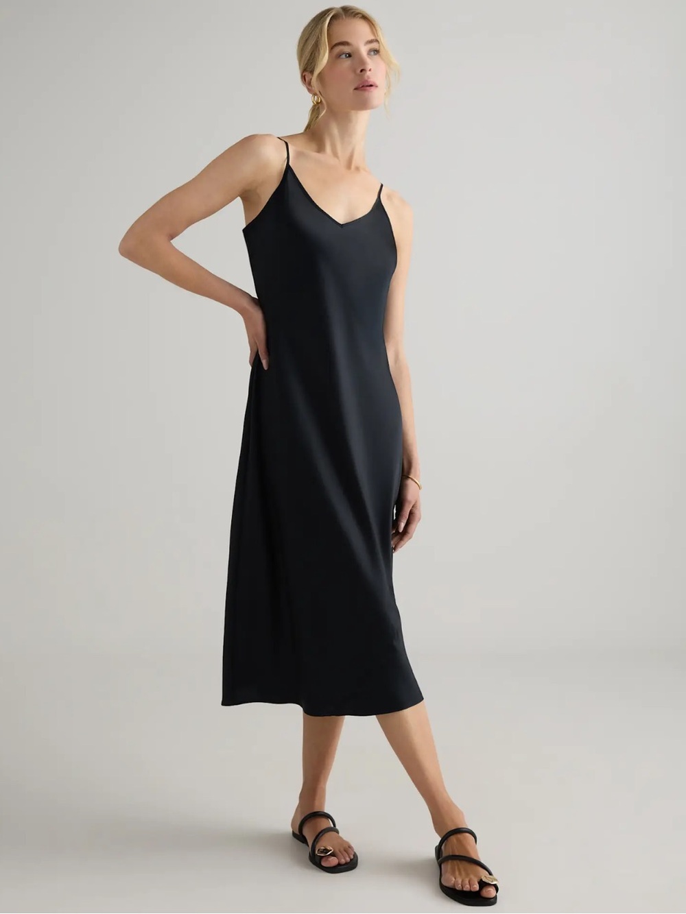 Quince 100% Washable Silk Midi Dress in Black